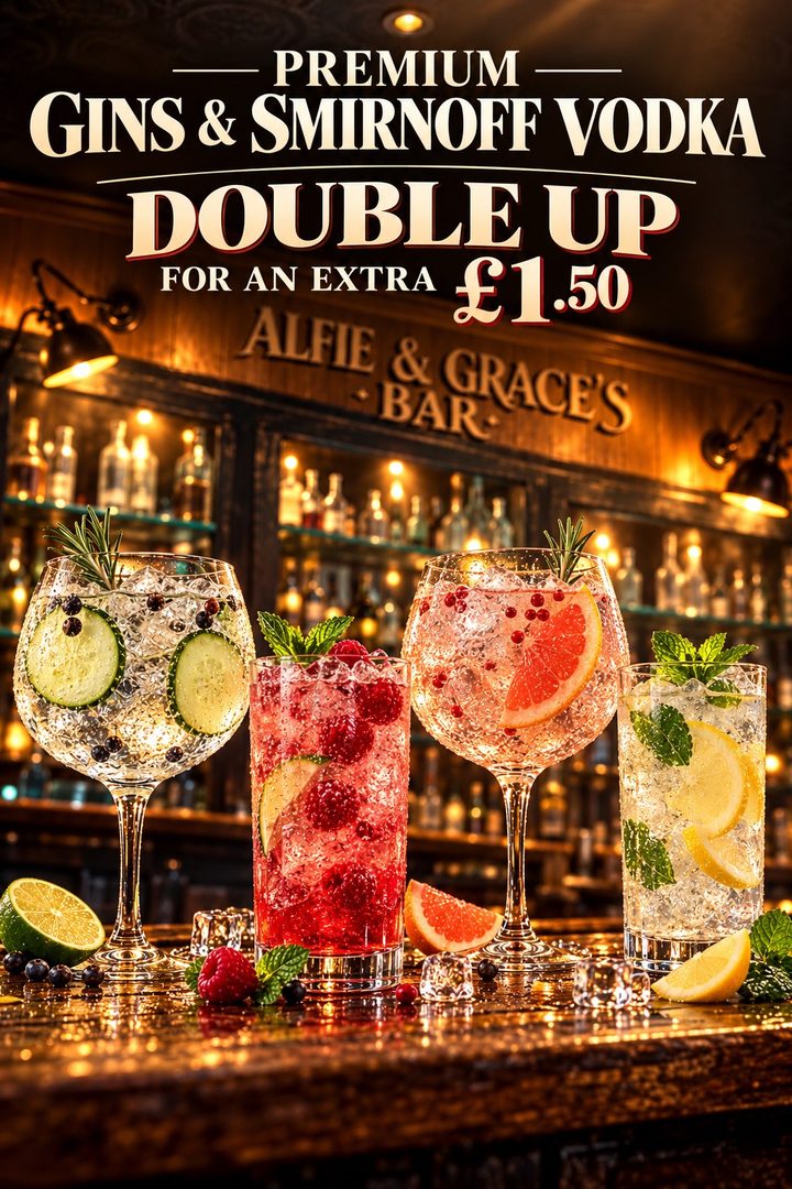 Poster: premium gins and Smirnoff vodka, double up for an extra &pound;1.50
