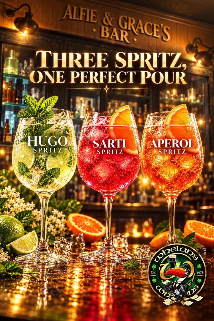 Poster: three spritz, one perfect pour. Hugo, Sarti and Aperol Spritz